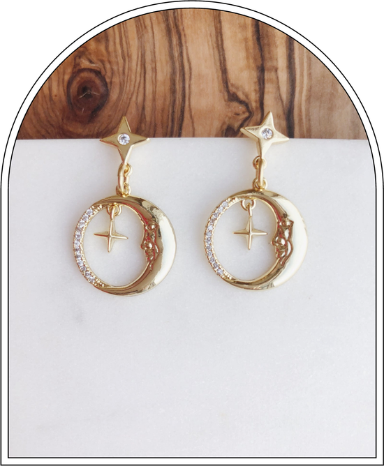 star stud earrings with moon cubic zirconia charms