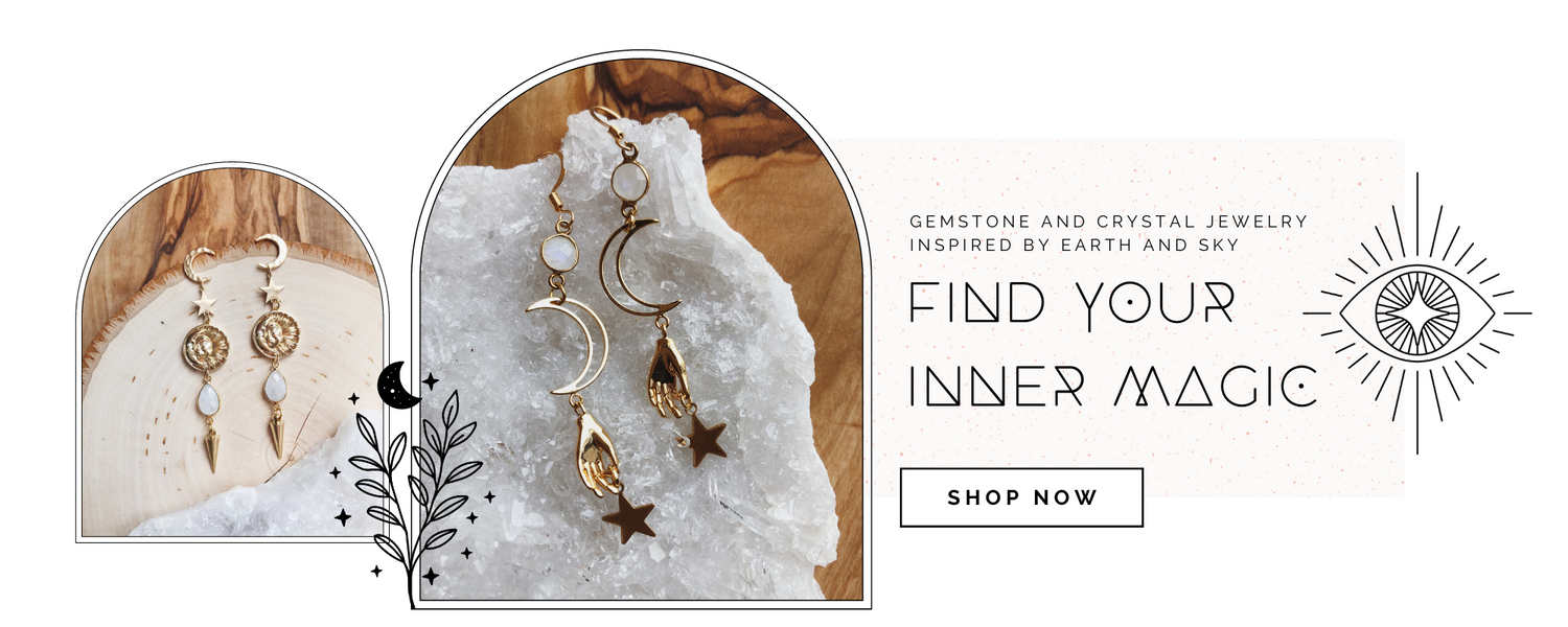 gold celestial goddess magical witchy earrings with stars, moons, crystals, moonstone gems