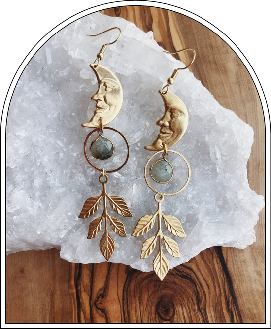 moon and leaf witchy goddess earrings with labradorite gemstones
